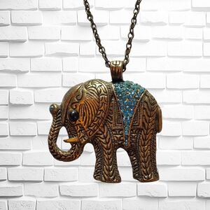Vintage Necklace Costume Jewelry Light Gold Tone Elephant Long Chain Blue Stones